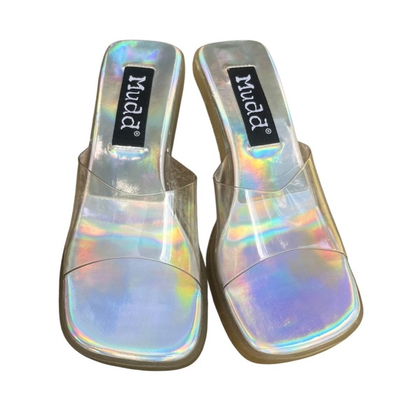 Mudd Vintage Y2K Clear Holographic Square Toe Chunky Kitten Heels Size 8 - Picture 6 of 9